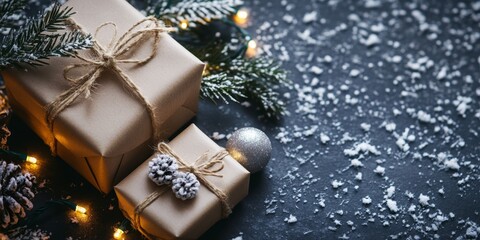 Merry Christmas and Happy New Year bright colorful composition. Xmas background with festive decorative elements. Festive banner and web poster, greeting card, flyer and brochure