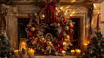 Fototapeta premium Elegant Red and Gold Velvet Wreath with Faux Snow and Candles on Stone Fireplace