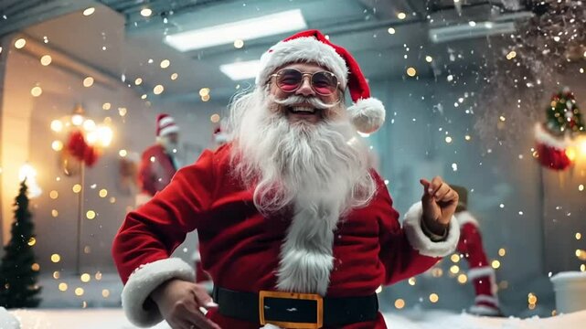 Santa Claus dancing with Christmas decorations in a vibrant holiday setting