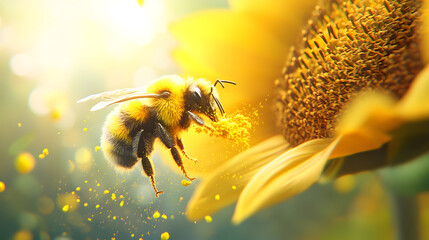 High-Definition Image of a Bumblebee Hovering Over a Sunflower with Its Body Covered in Yellow Pollen Dust