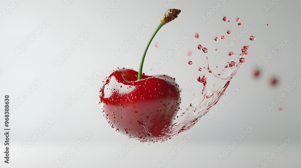 Poster 26. **a 3d render of a falling slice of cherry, its red flesh and pit visible against a clean white 