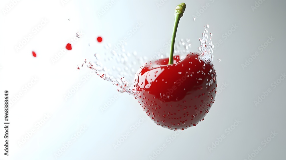 Poster 26. **a 3d render of a falling slice of cherry, its red flesh and pit visible against a clean white 