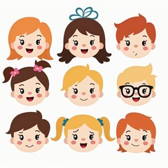 Cartoon Illustration of Happy Kids' Faces with Various Expressions and Hairstyles