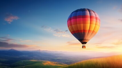 Obraz premium A hot air balloon is floating in the sky above a beautiful landscape