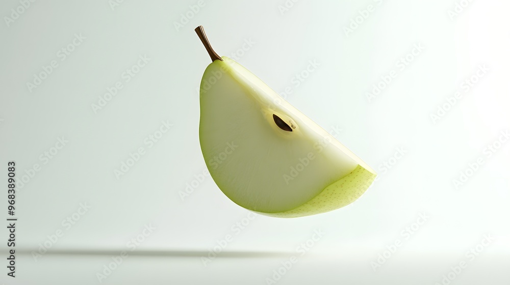 Poster 31. **a 3d render of a falling slice of pear, its pale green flesh and smooth texture detailed again