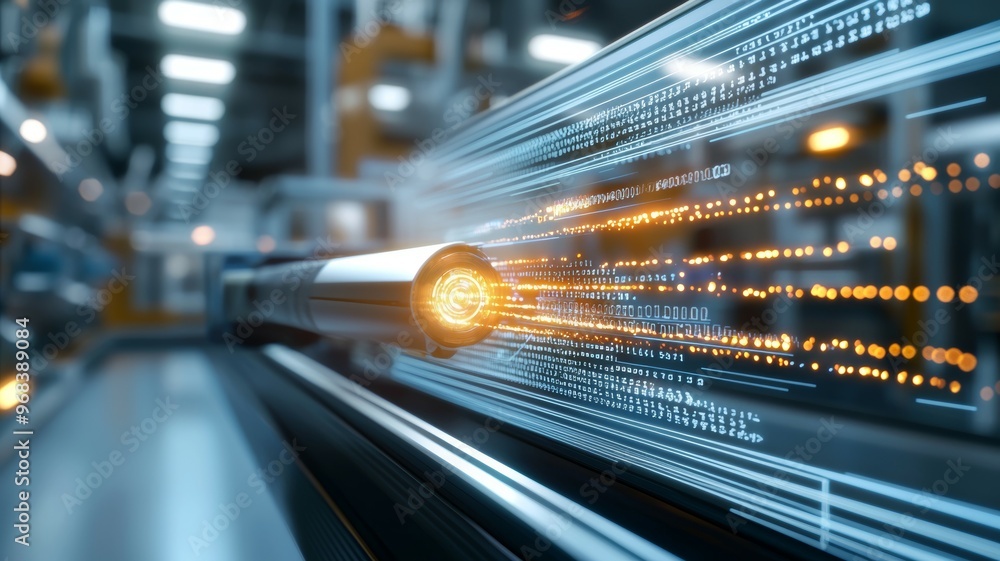 Poster a wire with a glowing orange tip is shown in a factory setting