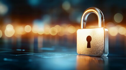 A golden lock with a keyhole sits on a blue surface