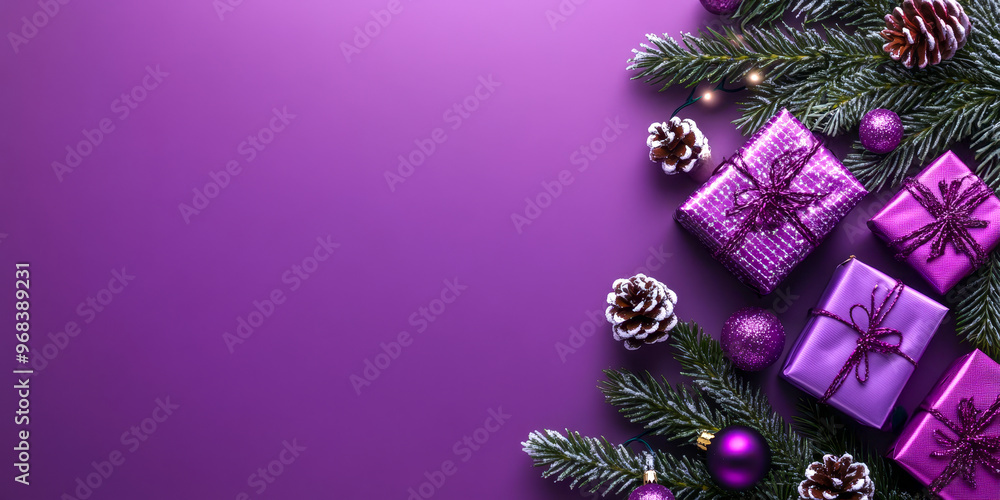 Wall mural merry christmas and happy new year bright colorful composition. xmas background with festive decorat