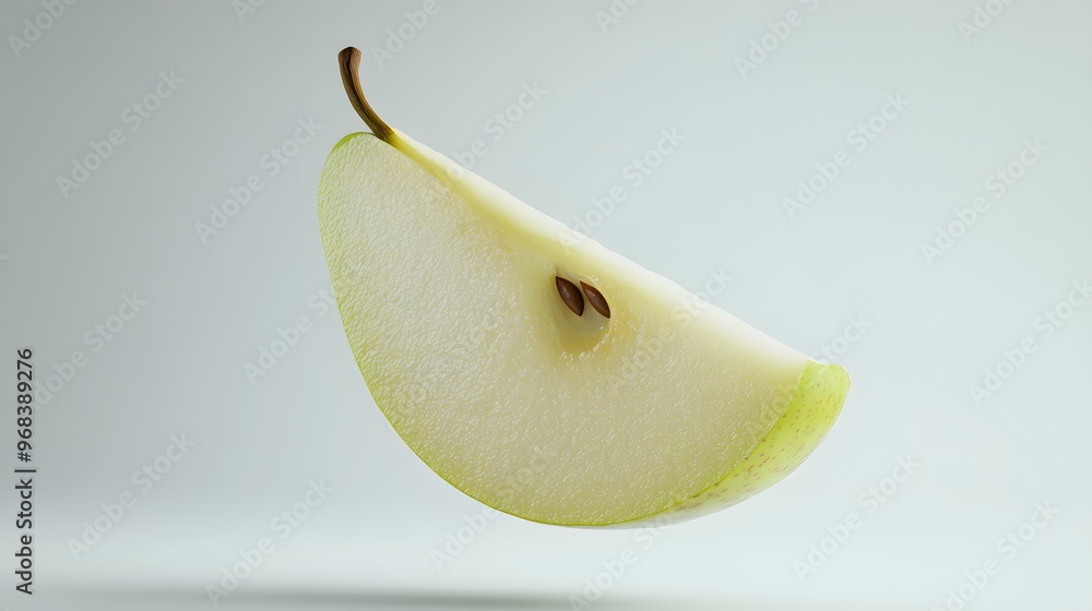 Poster 31. **a 3d render of a falling slice of pear, its pale green flesh and smooth texture detailed again