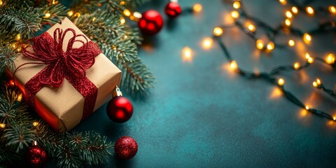 Merry Christmas and Happy New Year bright colorful composition. Xmas background with festive decorative elements. Festive banner and web poster, greeting card, flyer and brochure