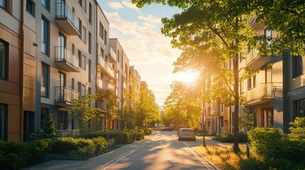 Obraz premium A serene street scene with modern buildings and sunlight filtering through trees.