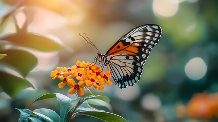 Obraz premium Close-Up Shot of a Butterfly Perched on a Vibrant Orange Flower with Its Delicate Wings Spread Against a Blurred Background