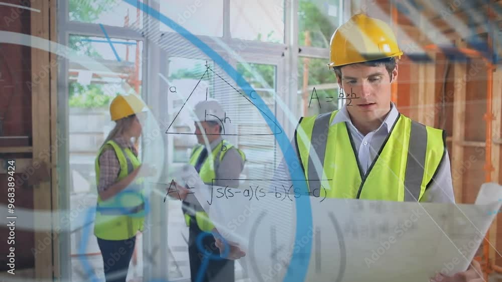 Poster animation of mathematical equations and scope scanning over caucasian workers holding project
