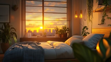A cozy bedroom with a sunset view, plants, and warm lighting.