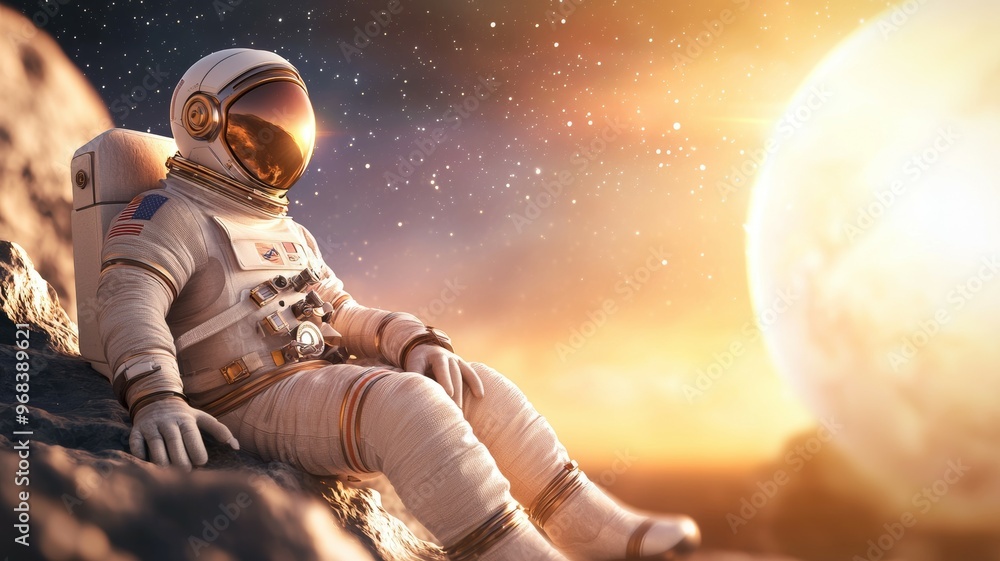 Poster a man in a spacesuit is sitting on a rock in front of a large planet