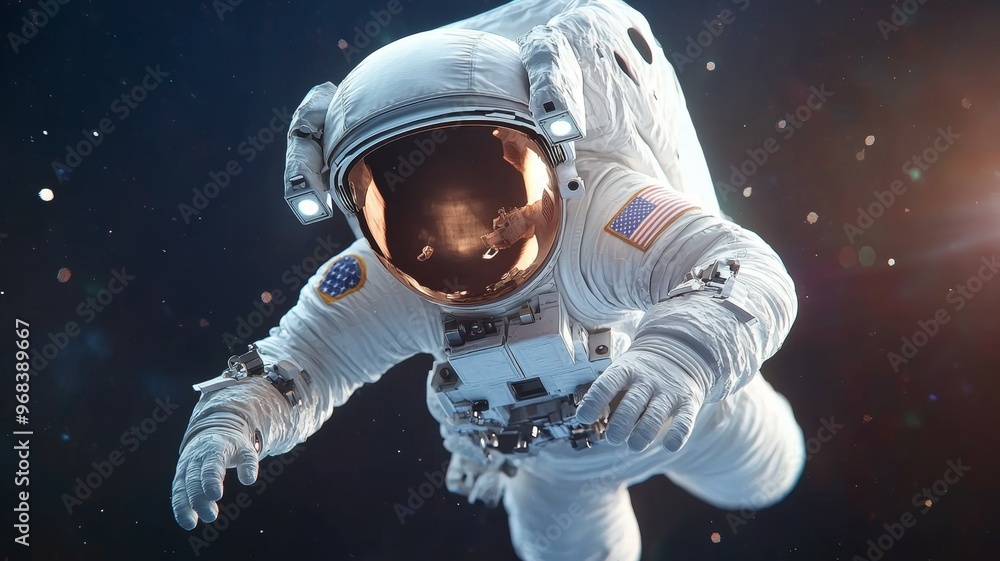 Poster a man in a white spacesuit is floating in space