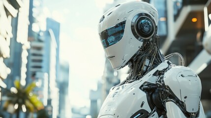 A futuristic humanoid robot stands in an urban setting, showcasing advanced technology.