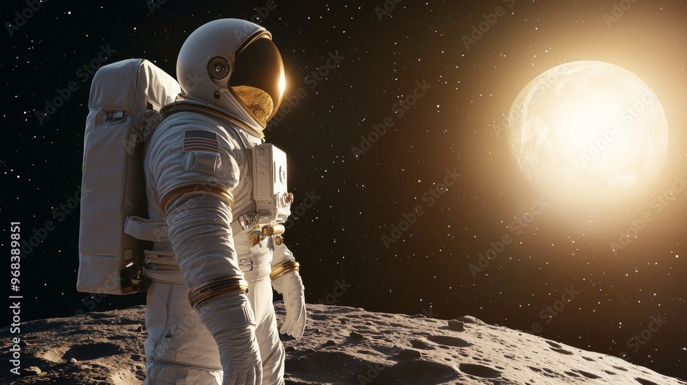 Poster a man in a spacesuit stands on a rocky surface looking up at the moon