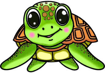 Smiling green sea turtle , illustration transparency clipart cartoon style 