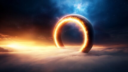 A large, glowing circle is floating in the sky above a cloudy, starry background