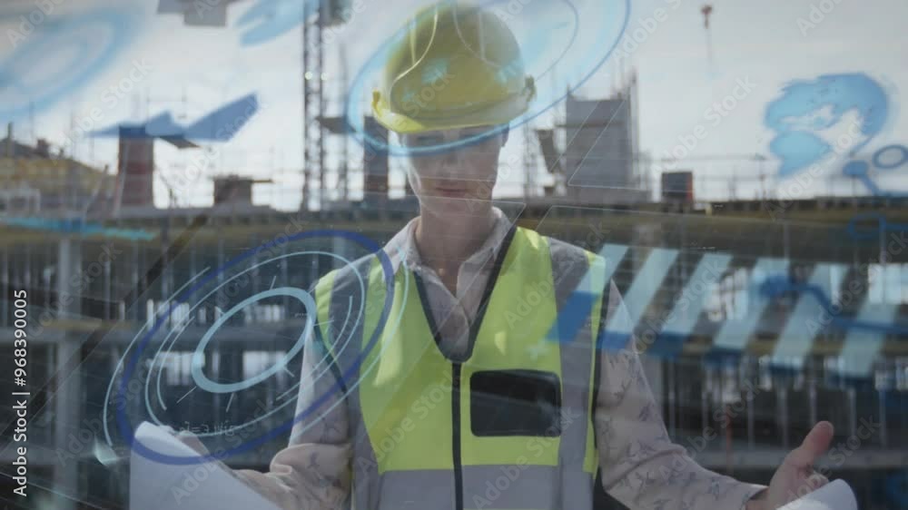 Aufkleber animation of diagrams and data over caucasian female worker with project at building site