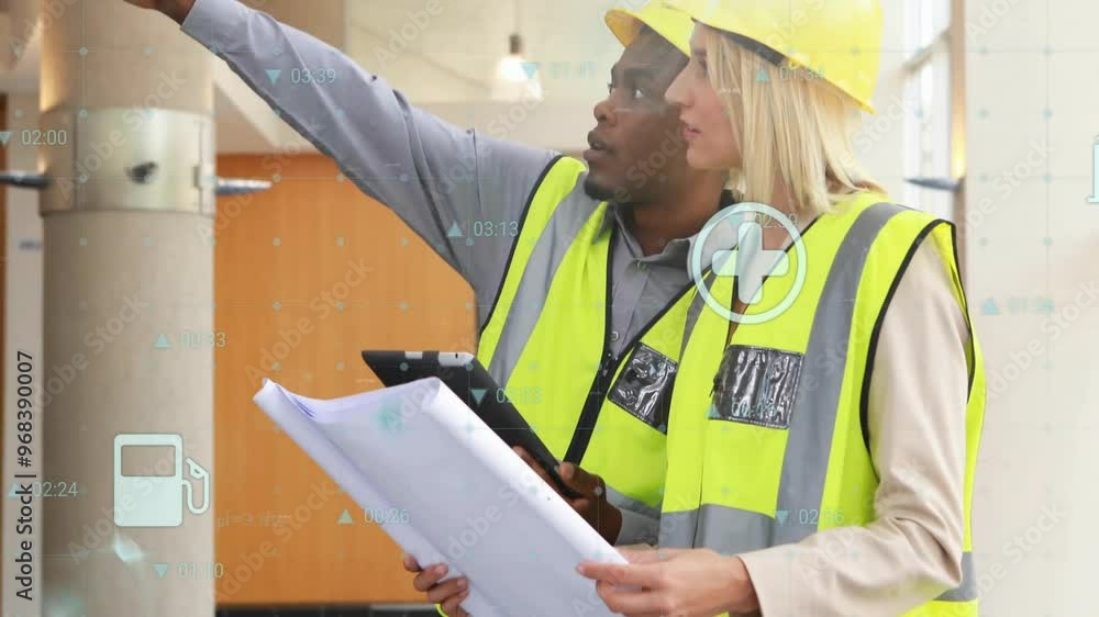 Aufkleber animation of media icons and data over diverse workers talking at building site