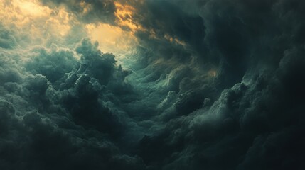 The sky is dark and cloudy, with a few rays of sunlight peeking through