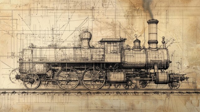 Vintage technical drawings of early steam engines 