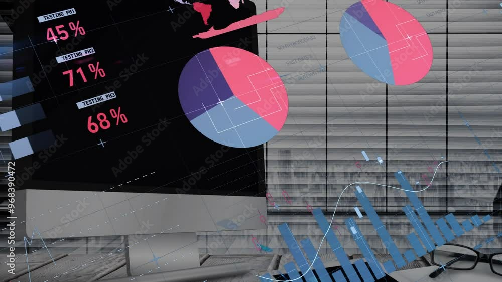 Poster animation of data processing and diagrams over empty office