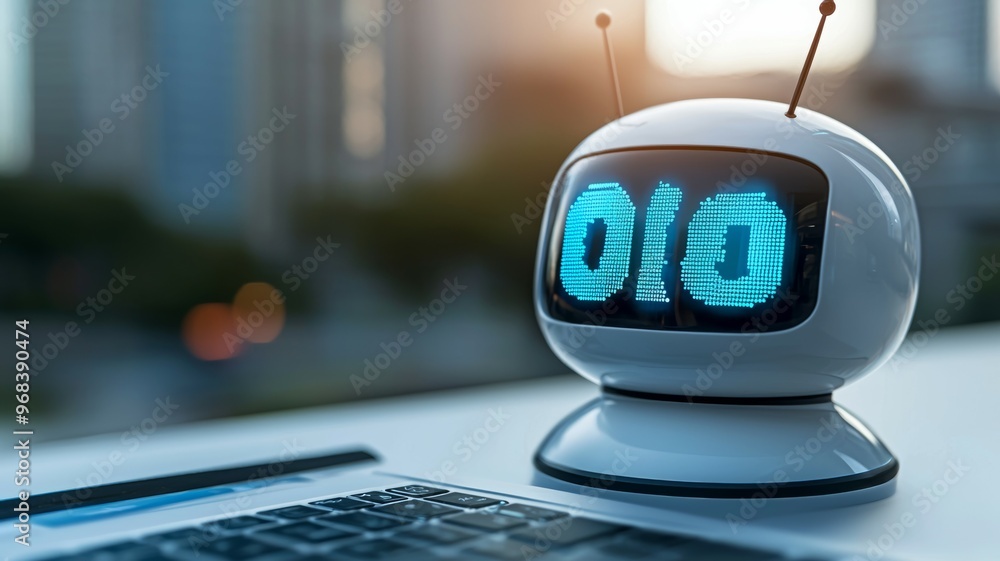 Poster a robot with the number 0 on it sits on a table next to a laptop