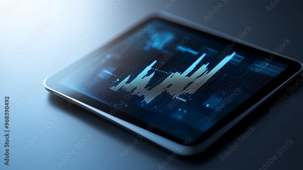 Poster a tablet with a blue screen showing a graph of numbers