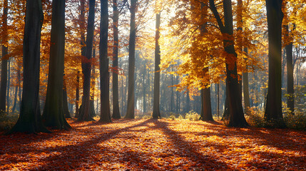 Fototapeta premium Vibrant Shot of a Forest in Autumn with Golden and Red Leaves Covering the Trees and Forest Floor