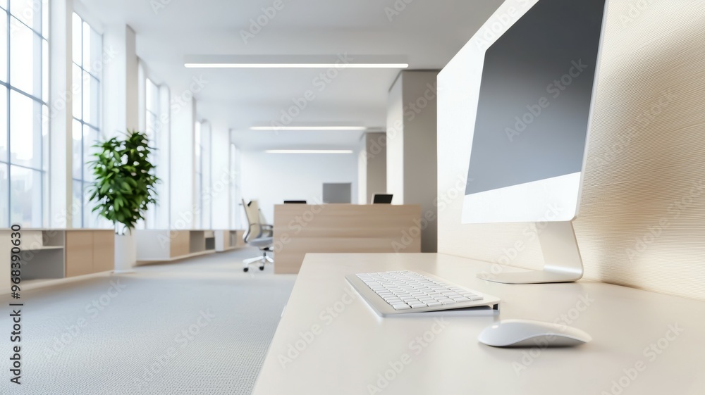 Poster a computer desk with a keyboard and mouse on it