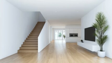 A large open living room with a wooden staircase leading up to the second floor