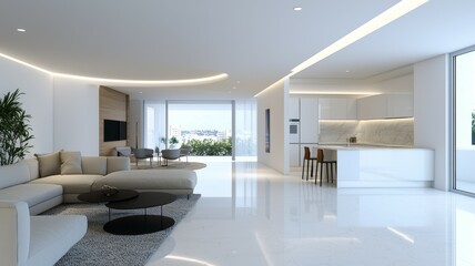 Fototapeta premium A large, open living room with white walls and white furniture