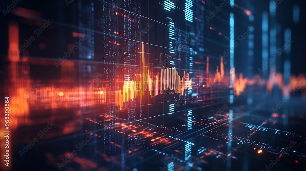 Poster abstract digital data grid with glowing lines and bars.