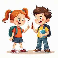 Fototapeta premium Cheerful Children Sharing a Pencil, Ready for School - Colorful Cartoon Illustration of Kids with Backpacks