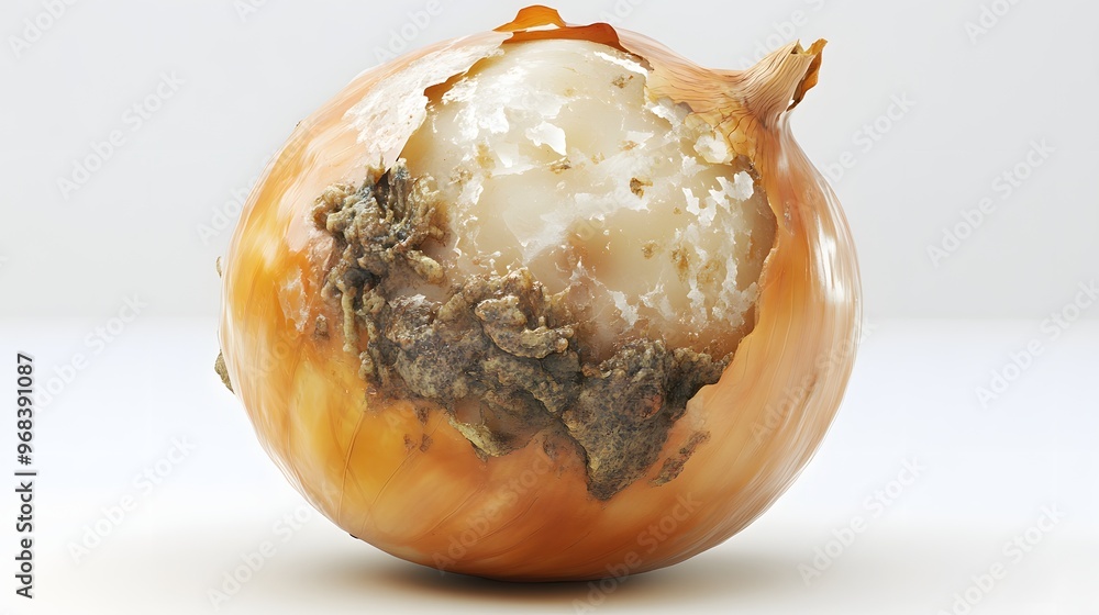 Poster 7. **a 3d render of a decayed onion, with a slimy outer layer and mold spots, isolated on a pristine