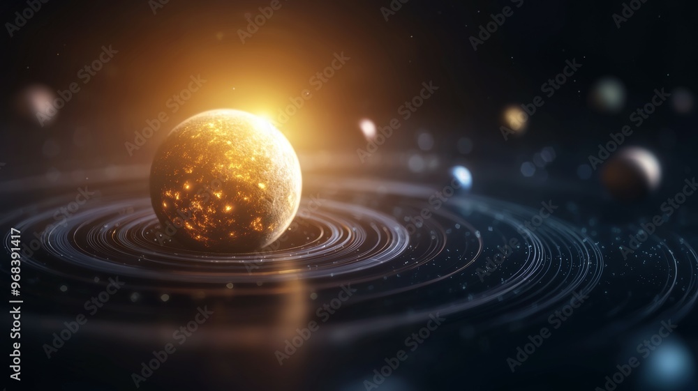 Poster a large planet is surrounded by smaller planets in a circular orbit