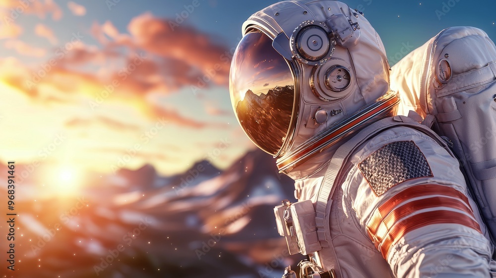 Aufkleber a man in a spacesuit is standing on a mountain with a sunset in the background