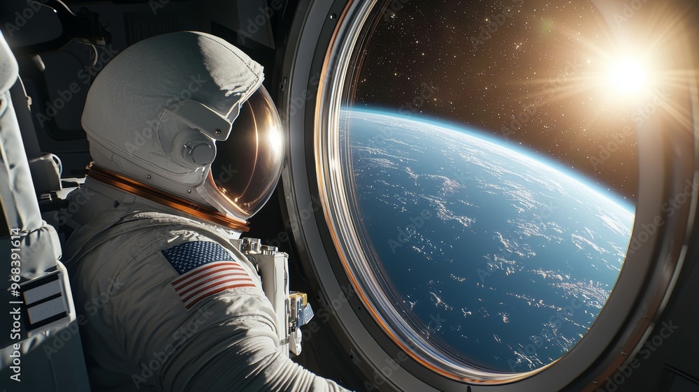 Poster a man in a space suit is looking out of a window in a spacecraft