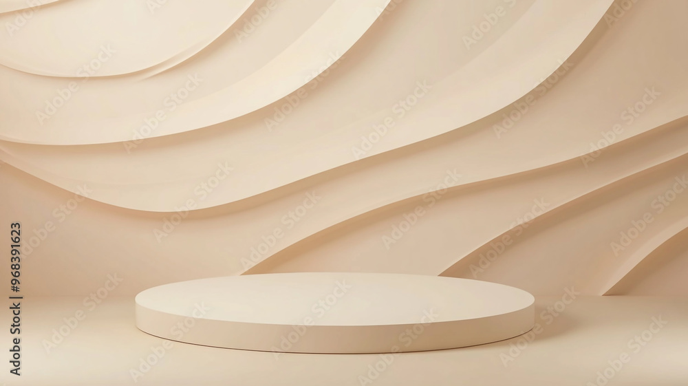 Poster elegant wavy backdrop with a round pedestal in a minimalist setting for artistic displays