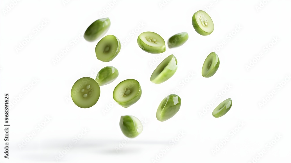 Poster 50. **a 3d render of a falling slice of caperberry, its round shape and green color contrasted with 