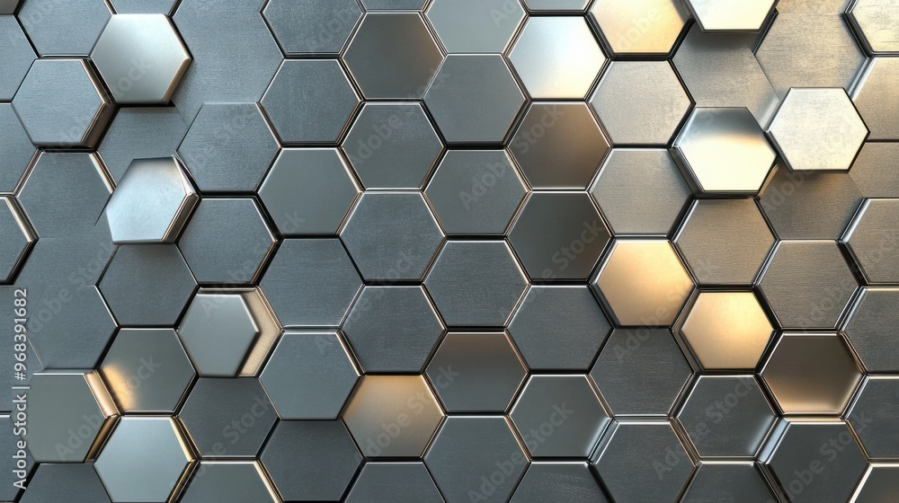 Poster repeating hexagonal tile pattern in metallic tones, creating a futuristic look.