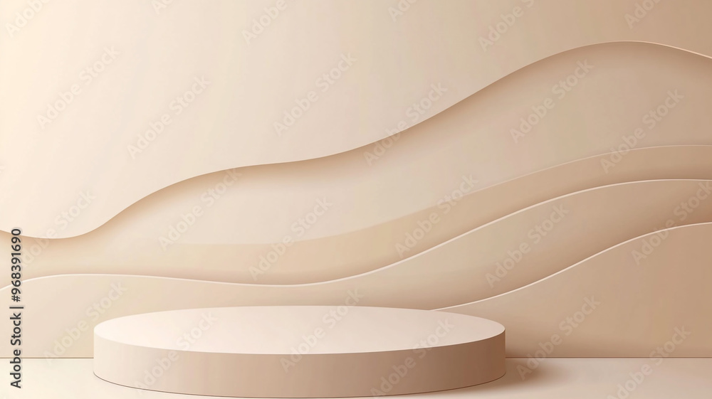Poster a minimalist display space featuring soft wave patterns on a beige backdrop in a serene setting