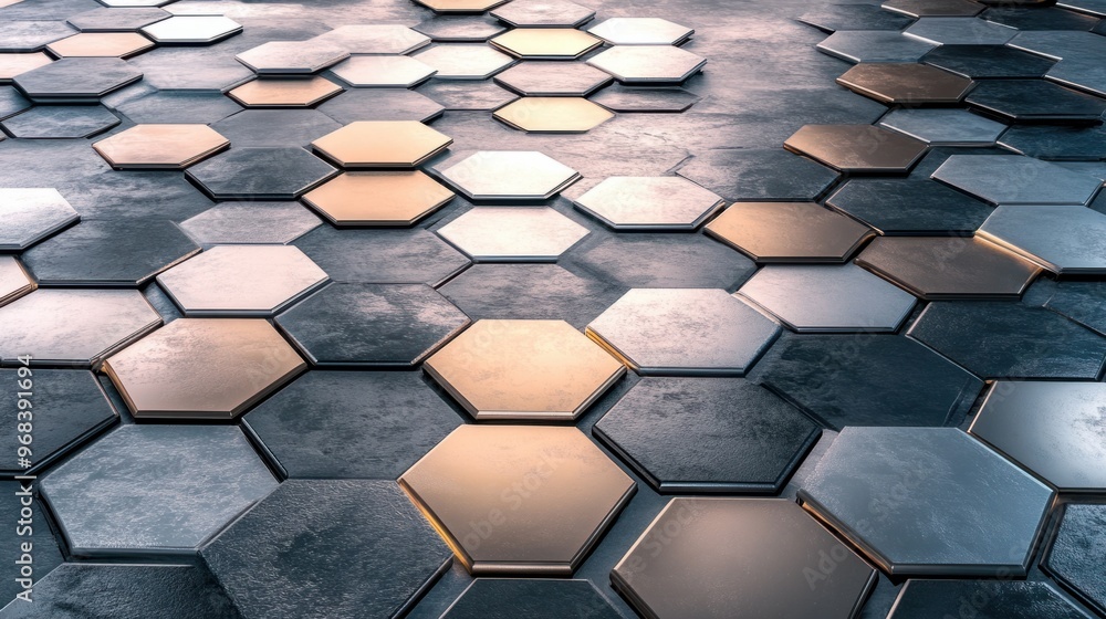 Poster repeating hexagonal tile pattern in metallic tones, creating a futuristic look.