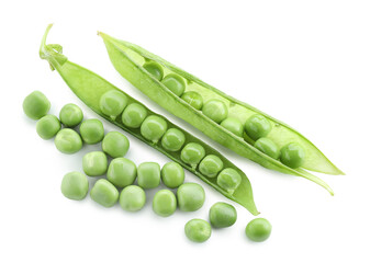 Green fresh peas and pods isolated on white