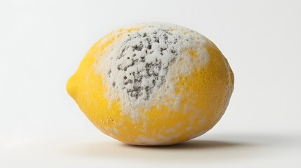 9. **A 3D render of a moldy lemon, with white fungal growth and wrinkled peel, isolated on a pristine white surface