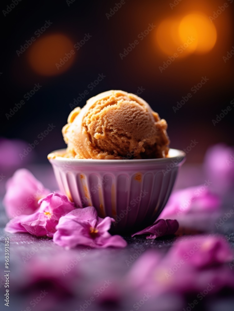 Wall mural delectable pumpkin ice cream scoop in a ramekin with vibrant pink flowers