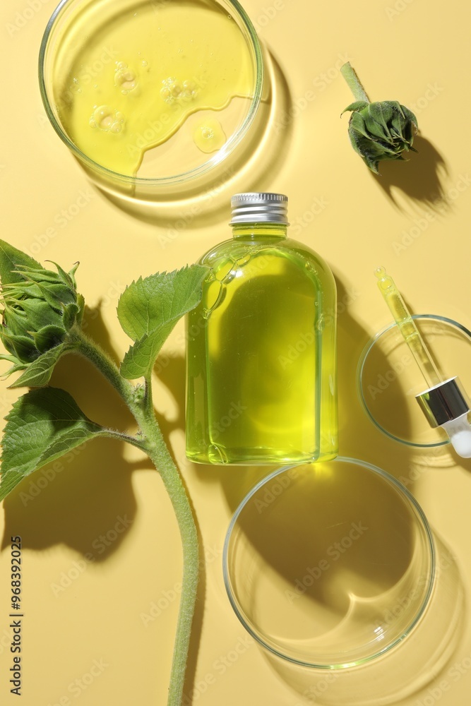 Poster petri dishes with cosmetic product, bottle, pipette and sunflowers on yellow background, flat lay